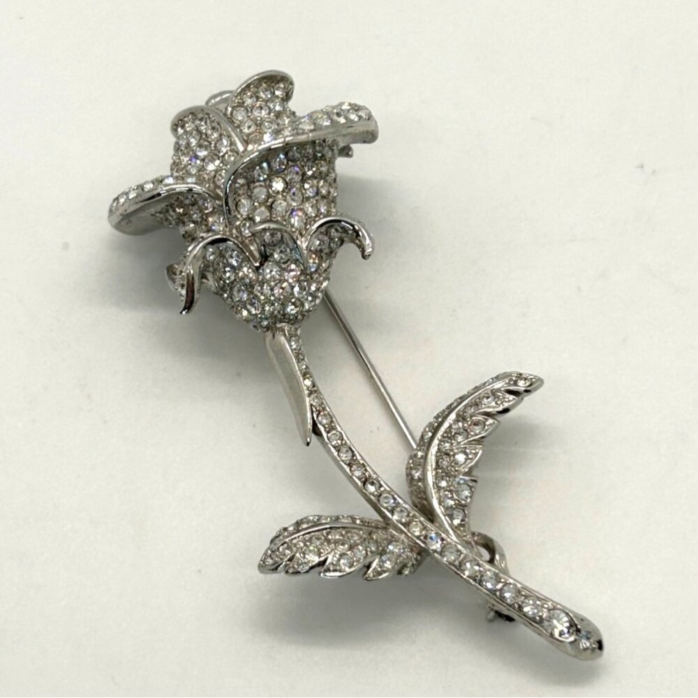 Nolan Miller Anniversary Rose Brooch Pin Pave Rhinestone Silver Tone Vintage